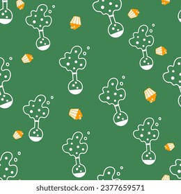 Seamless green Haloween pattern. Laboratory flask, bubbles and maffins in naive style. 