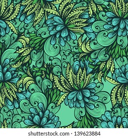 Seamless green hand drawn background with expressive leaves