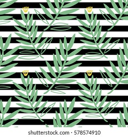 seamless green hand drawn leaf pattern on stripe background