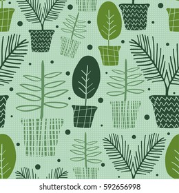 seamless green hand drawn tree in a pot with polka dot pattern on green background