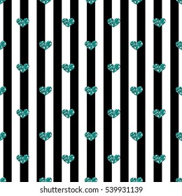 SEAMLESS GREEN HEART GLITTER PATTERN ON STRIPE BACKGROUND