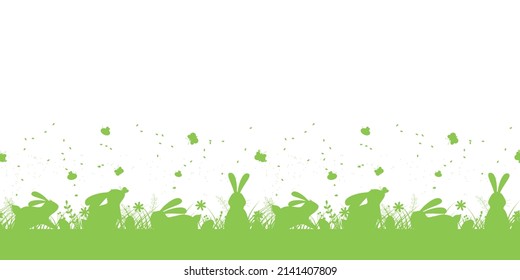 Seamless green horizontal pattern with Easter bunnies and eggs on white background. For textiles, wallpaper, wrapping paper, window decoration, banners. Vector pattern.  