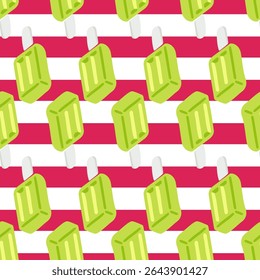 Seamless Green Ice Cream Pattern. Seamless pattern with green cartoon popsicles on pink and white striped background. Flat style, playful and refreshing summer theme.