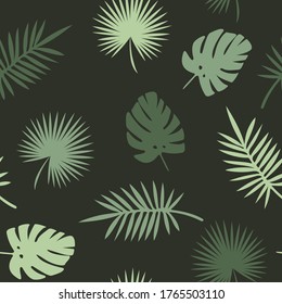 Seamless green jungle leaves pattern on dark green background