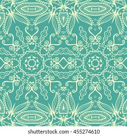 Seamless green lace pattern. Contemporary graphic design, seamless line geometric background. Vector stylish endless texture. Tribal ethnic arabic, indian, turkish ornament