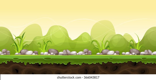 Seamless Green Landscape For Game Ui/
Illustration of a cartoon seamless green nature rural landscape for game ui scenics, with grass, stones and boulders, and cute curved hills over yellow sunrise