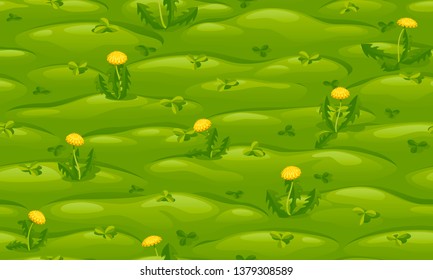 
Seamless green lawn with yellow dandelions, vector cartoon background.
