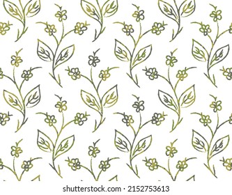 Seamless green leaf and flowers pattern. Geometric branch and leaves pattern on white background.