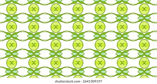 Seamless green leaf pattern with circular and symmetrical botanical motifs. Ideal for eco designs and backgrounds. Pattern, leaf, green, botanical, seamless.