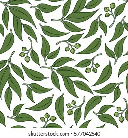 Seamless green leaf pattern. Eucalyptus leaves background.