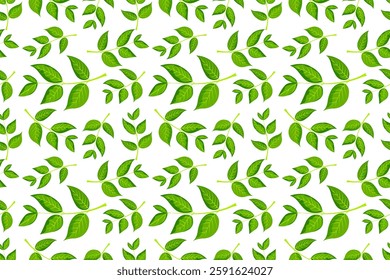 Seamless green leaf pattern illustration suitable for backgrounds and textile designs featuring a variety of leaf shapes and sizes