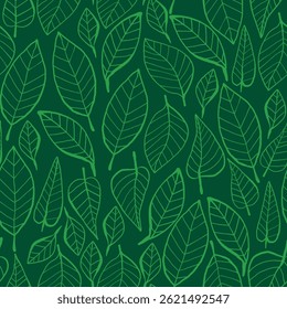 Seamless Green Leaf Pattern in Outline Style. Nature background with hand drawn foliage. Eco line art leaves texture. Simple modern plant wallpaper.