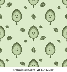 Seamless Green Leaf Pattern with Smiling Faces and Nature Elements