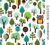 Seamless green leaf tree retro owl pattern for boys in vector