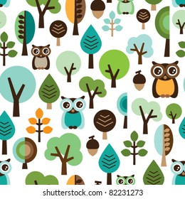 Seamless green leaf tree retro owl pattern for boys in vector