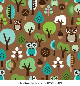 Seamless green leaf tree retro owl pattern for boys in vector