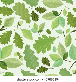 Seamless green leaves pattern, green foliage without gradient for printing