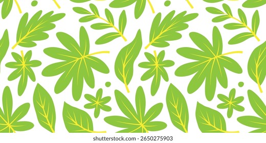 Seamless green leaves set. Hand drawn vector illustration. Elements for design. Seamless pattern for factory design
