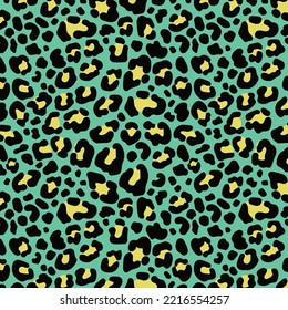 Seamless green leopard pattern 80s 90s style.Fashionable exotic animal print.Vector