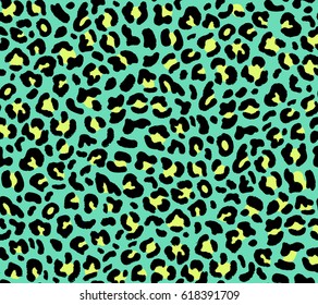 Seamless Green Leopard Pattern 80s 90s Style.Fashionable Exotic Animal Print.Vector