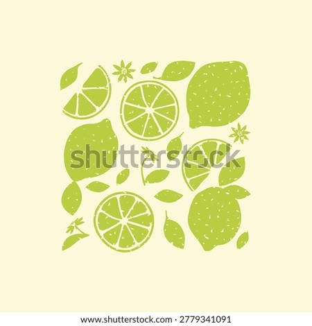Seamless green lime and lemon composition. Vector textured print on cream background