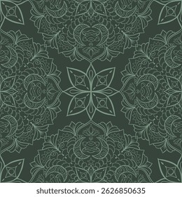 Seamless Green Mandala Pattern with Ornamental Line Art
