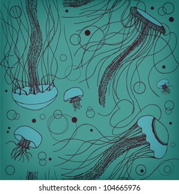 Seamless green marine pattern with medusas. Ocean background