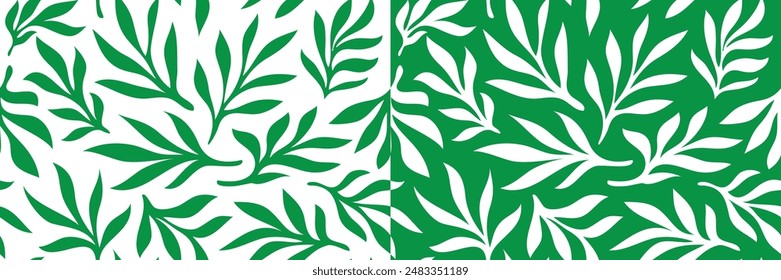 Seamless green Matisse plant pattern. Minimal abstract floral tropical reprint. Freehand doodle collage. Organic leaf background, simple