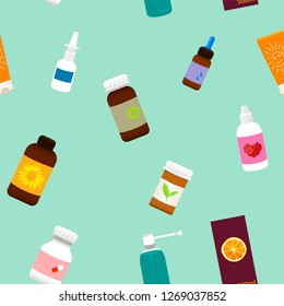 Seamless green medical pattern with medicine bottles, sprays and pills.Vector illustration