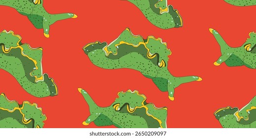 Padrão de Nudibranchs verde contínuo no fundo vermelho. Ilustração vetorial. Animais marinhos, vida selvagem subaquática. Design de roupas infantis. Bebê educar. 