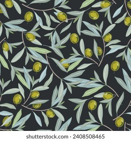 Seamless Green Olive. Cute green Olive and leaves for urban jungle garden. Pattern black background. Botanical textile pattern.Fabric pattern.