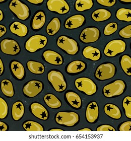 Seamless with Green Olives. Food Pattern. Isolated on a Black Chalkboard Background. Realistic Doodle Cartoon Style Hand Drawn Sketch Vector Illustration.