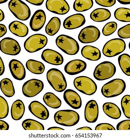 Seamless with Green Olives. Food Pattern. Isolated On a White Background. Realistic Doodle Cartoon Style Hand Drawn Sketch Vector Illustration.