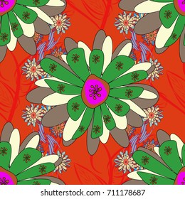 Seamless green, orange and beige background with abstract flowers and elements. Vector retro illustration. Ideal for printing on fabric or paper.