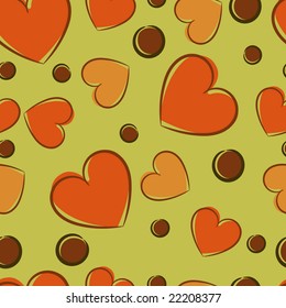 Seamless green and orange hearts pattern