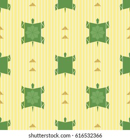 seamless green origami turtle with gold glitter pattern on yellow stripe background