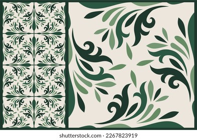 Seamless green patchwork tile with Islam, Arabic, Indian, ottoman motifs. Majolica pottery tile. Portuguese and Spain decor. Ceramic tile in talavera style. Vector illustration.