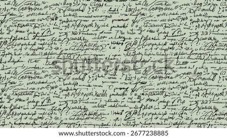 Seamless green pattern of abstract illegible handwritten text. Vintage grunge calligraphy script, old book document. Vector illustration of monochrome unreadable handwriting cursive poetry