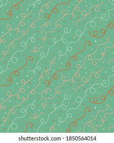Seamless green pattern background with colorful confetti. Vector backdrop for holiday decorating greeting cards for new year, Christmas, birthday party.