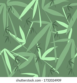 Seamless green pattern of bamboo leaves. Textile texture of leaves on a green background for fabric, kitchen textiles and wallpaper on the wall.