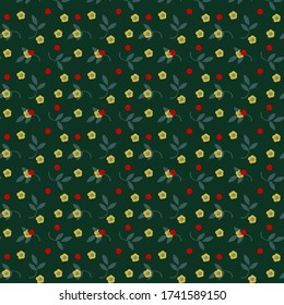 Seamless green pattern with blue branches and leaves, yellow flowers and red ladybird. Abstract nature background. Repeat. Chaotic