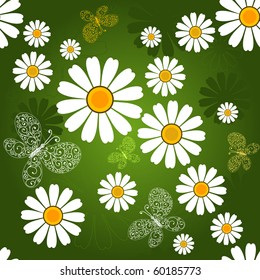 Seamless green pattern with butterflies and white flowers (vector)