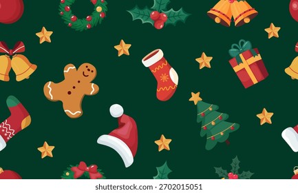 Seamless green pattern with cartoon Christmas elements — including gingerbread men, stockings, gift boxes, Christmas trees, and stars, suitable for children's products, holiday promotions