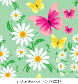 Seamless green pattern  with Chamomiles and Butterflies