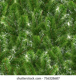Seamless green pattern from Christmas tree branches. Realistic illustration. The branches of the pine are scattered randomly over the background. New Year wallpapers. Vector. EPS10