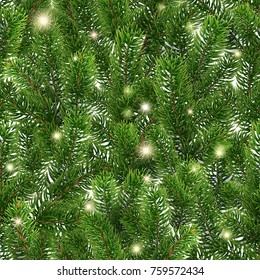 Seamless green pattern from Christmas tree branches. Realistic illustration. Golden glowing stars. Shining sparks. The branches of the pine are scattered randomly over the background. Vector. EPS10