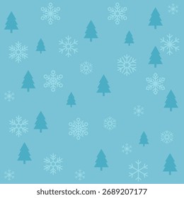 Padrão verde perfeito com árvores de Natal e flocos de neve. Fundo festivo simples para embrulhar papel, cartões de saudação, papéis de parede, têxteis e desenhos de férias de inverno. Ilustração vetorial