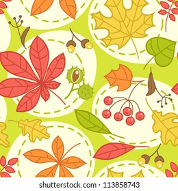 Seamless green pattern with colorful autumn leaves. Vector illustration