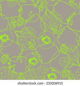 Seamless green pattern with contour vegetables. Kiwi. Spinach. Capsicum. Winter melon. Sultana fruits. Chia seeds.