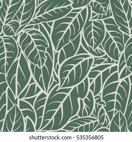   Seamless green pattern with deciduous outline. Outline leaf pattern. 